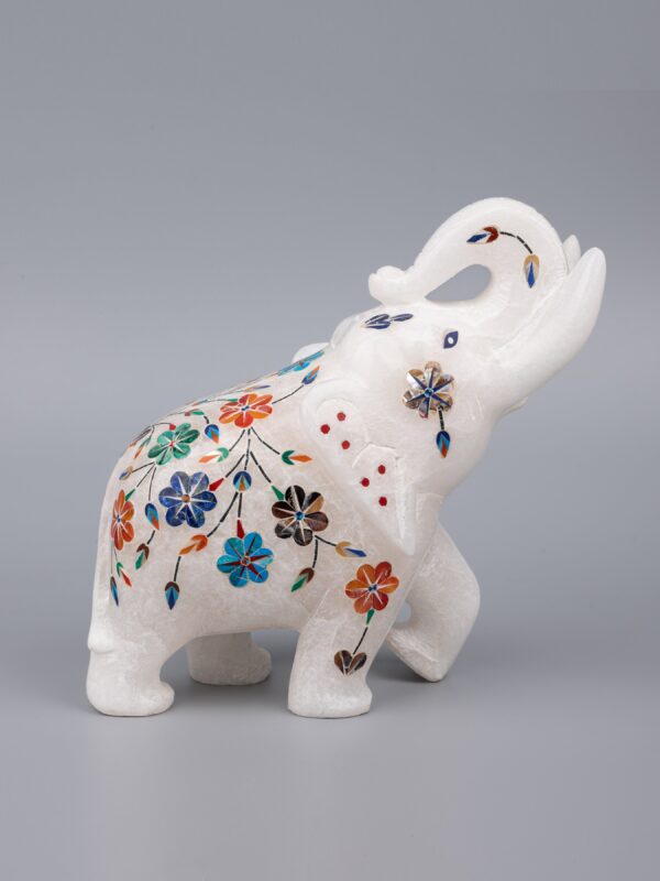 Elephant of Elegance: Hand-Carved Marble with Colorful Inlay - Image 2