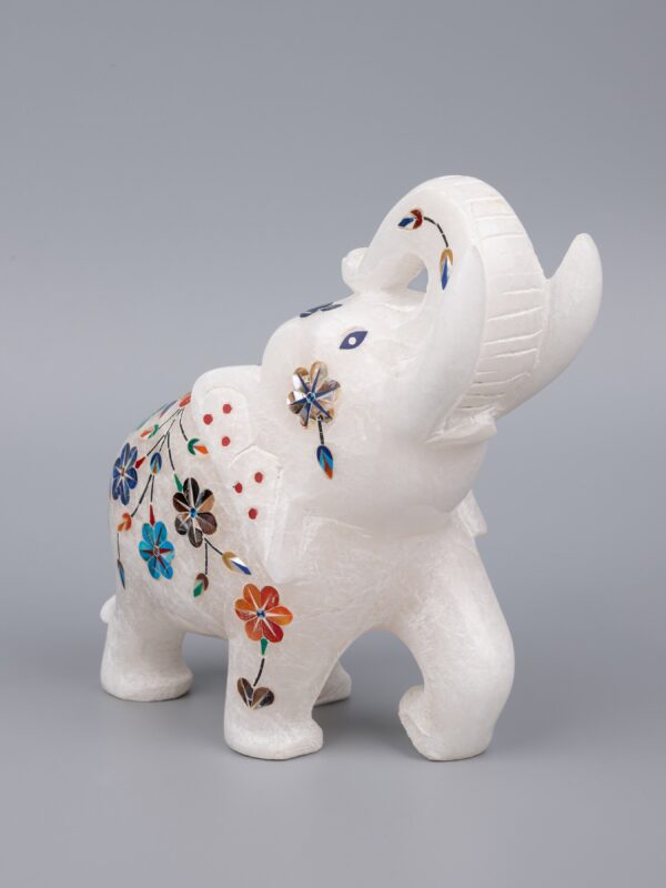 Elephant of Elegance: Hand-Carved Marble with Colorful Inlay - Image 3