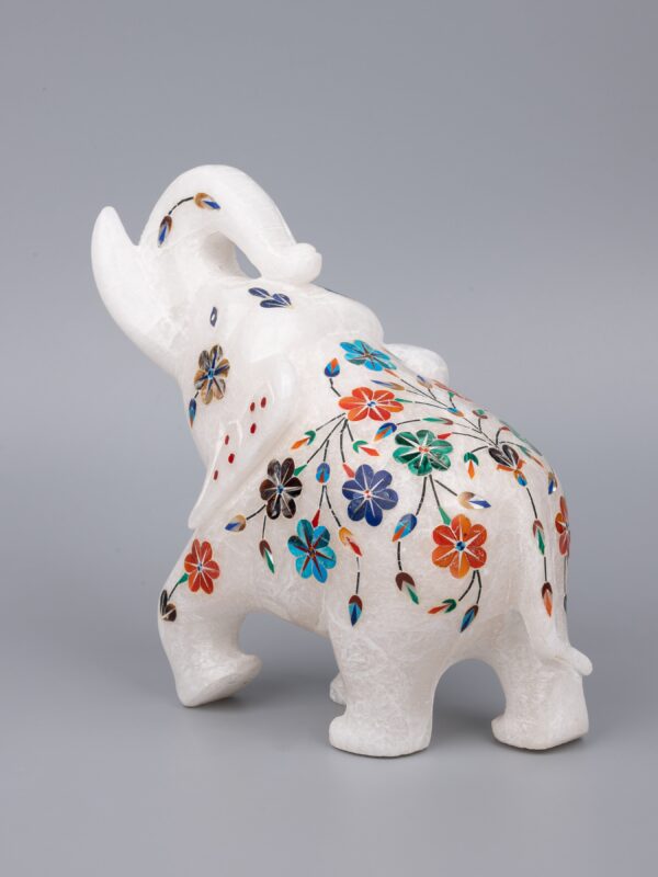Elephant of Elegance: Hand-Carved Marble with Colorful Inlay - Image 4