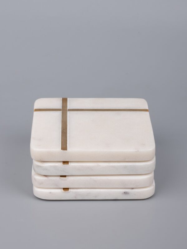 Brass Lines Square Marble Coasters with Brass Inlay - Image 2