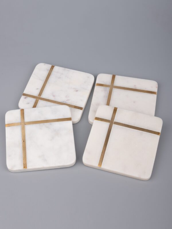 Brass Lines Square Marble Coasters with Brass Inlay