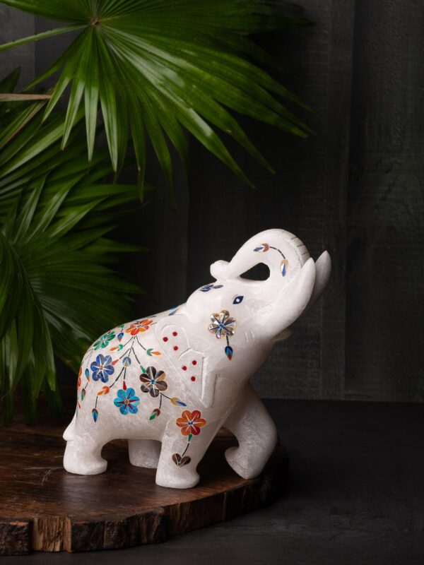 Elephant of Elegance: Hand-Carved Marble with Colorful Inlay