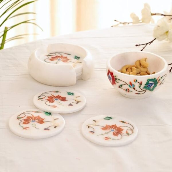 Fergana Elegance Marble Inlay Coaster and Bowl - Image 2