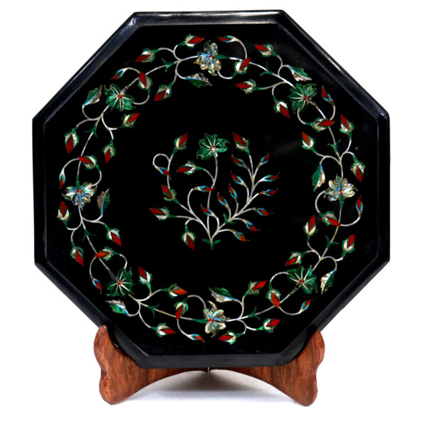 Octagonal Black Marble Inlaid Side Table with Precious Stones