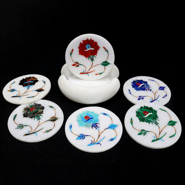 Blossom Elegance Marble Inlay Coaster Set