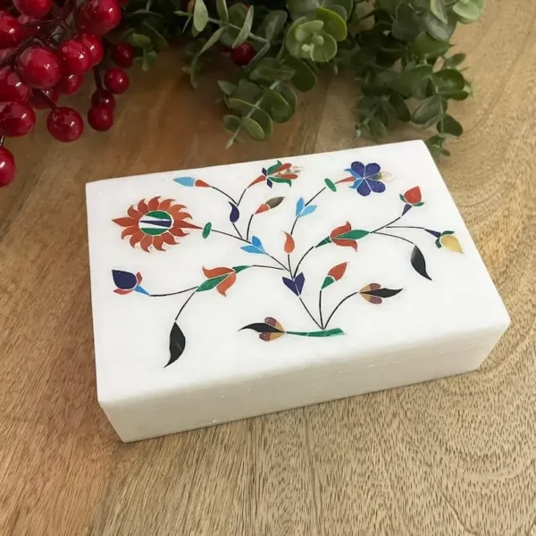 Opulent Alabaster Marble Inlaid Jewelry Box