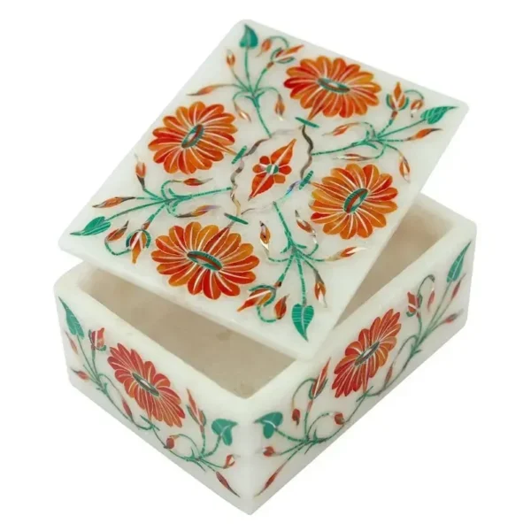 Carnelian Inlaid Floral Marble Jewelry Box