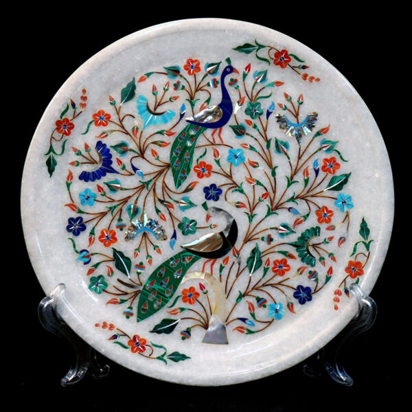 Handcrafted Peacock Pietra Dura White Marble Wall Plate (12x12")