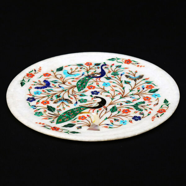 Handcrafted Peacock Pietra Dura White Marble Wall Plate (12x12") - Image 2