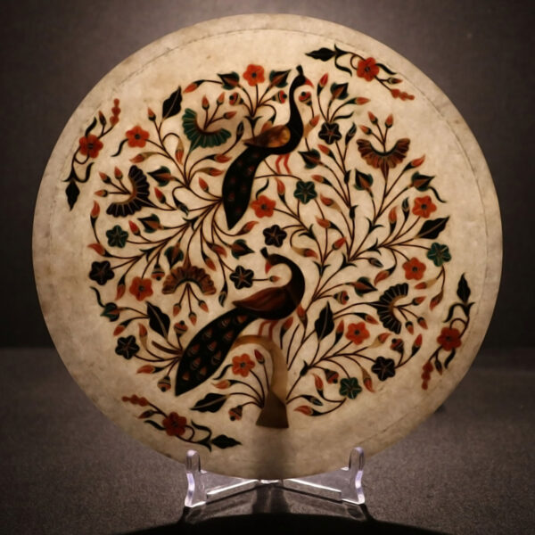 Handcrafted Peacock Pietra Dura White Marble Wall Plate (12x12") - Image 3