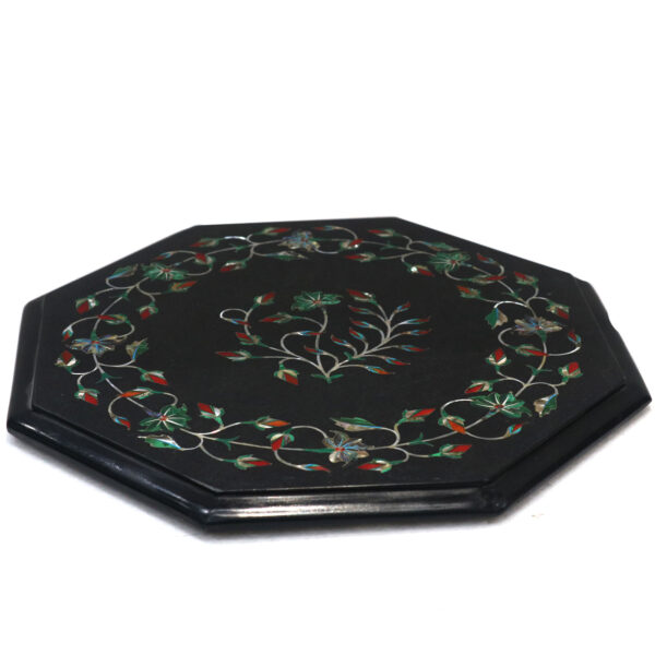 Octagonal Black Marble Inlaid Side Table with Precious Stones - Image 3