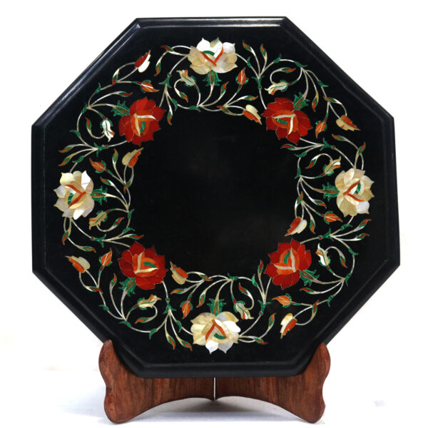 Octagonal Black Marble Inlaid Side Table with Precious Stones