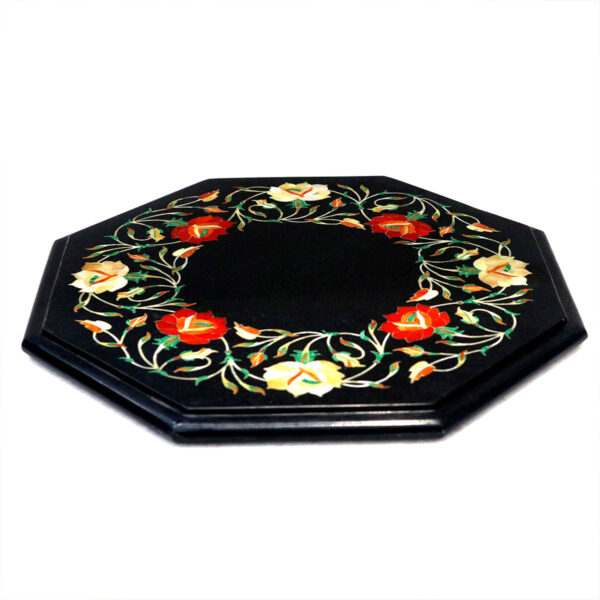 Octagonal Black Marble Inlaid Side Table with Precious Stones - Image 2