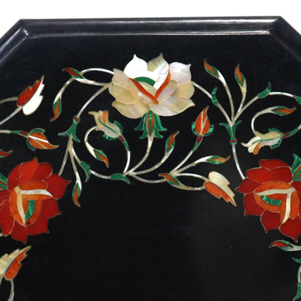 Octagonal Black Marble Inlaid Side Table with Precious Stones - Image 3