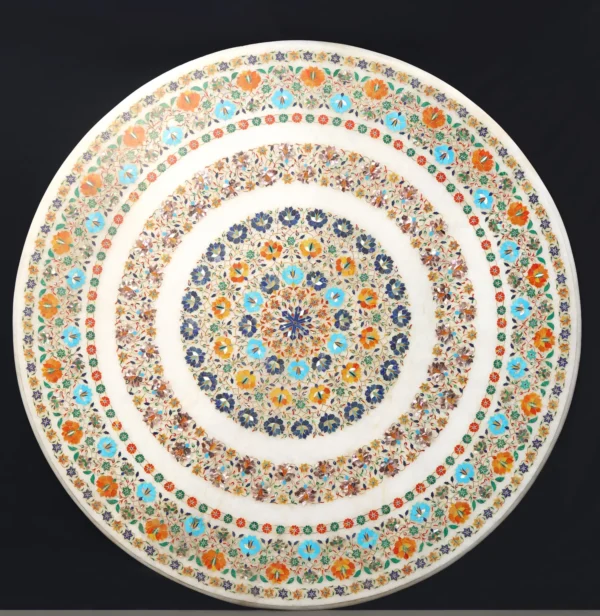 Handcrafted White Marble Inlay Table Top with Semi-Precious Stone Designs