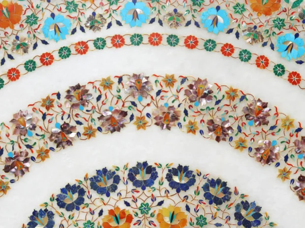 Handcrafted White Marble Inlay Table Top with Semi-Precious Stone Designs - Image 3