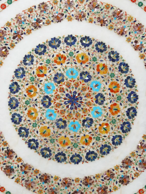 Handcrafted White Marble Inlay Table Top with Semi-Precious Stone Designs - Image 2
