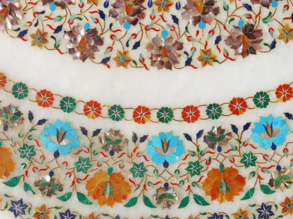 Handcrafted White Marble Inlay Table Top with Semi-Precious Stone Designs - Image 4