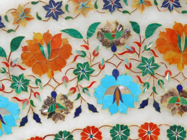 Handcrafted White Marble Inlay Table Top with Semi-Precious Stone Designs - Image 7