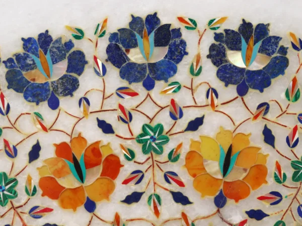 Handcrafted White Marble Inlay Table Top with Semi-Precious Stone Designs - Image 5